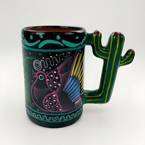 Mexican Folk Art Cactus Handle Mug Boho Talavera Style Southwestern Cup